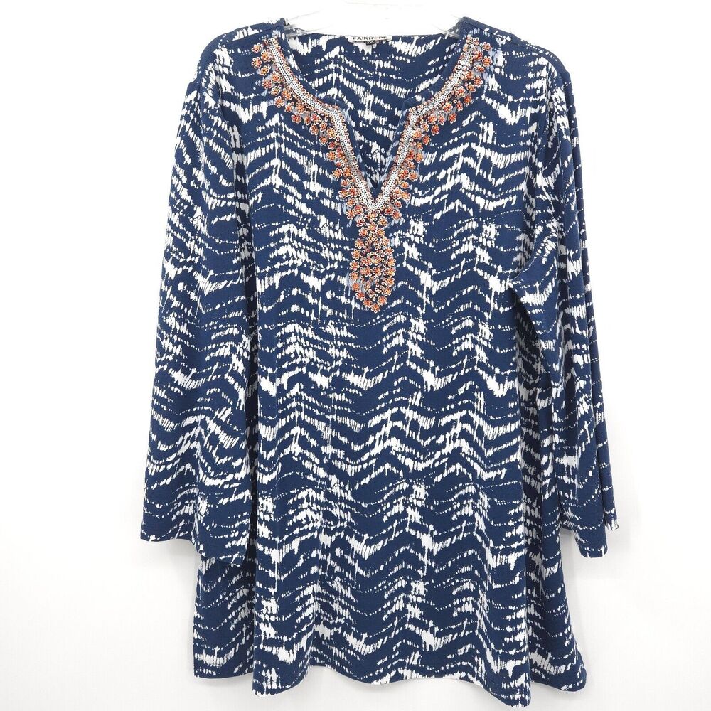 Fairhope womens navy‎ bead and sequin knit tunic top Size XXL